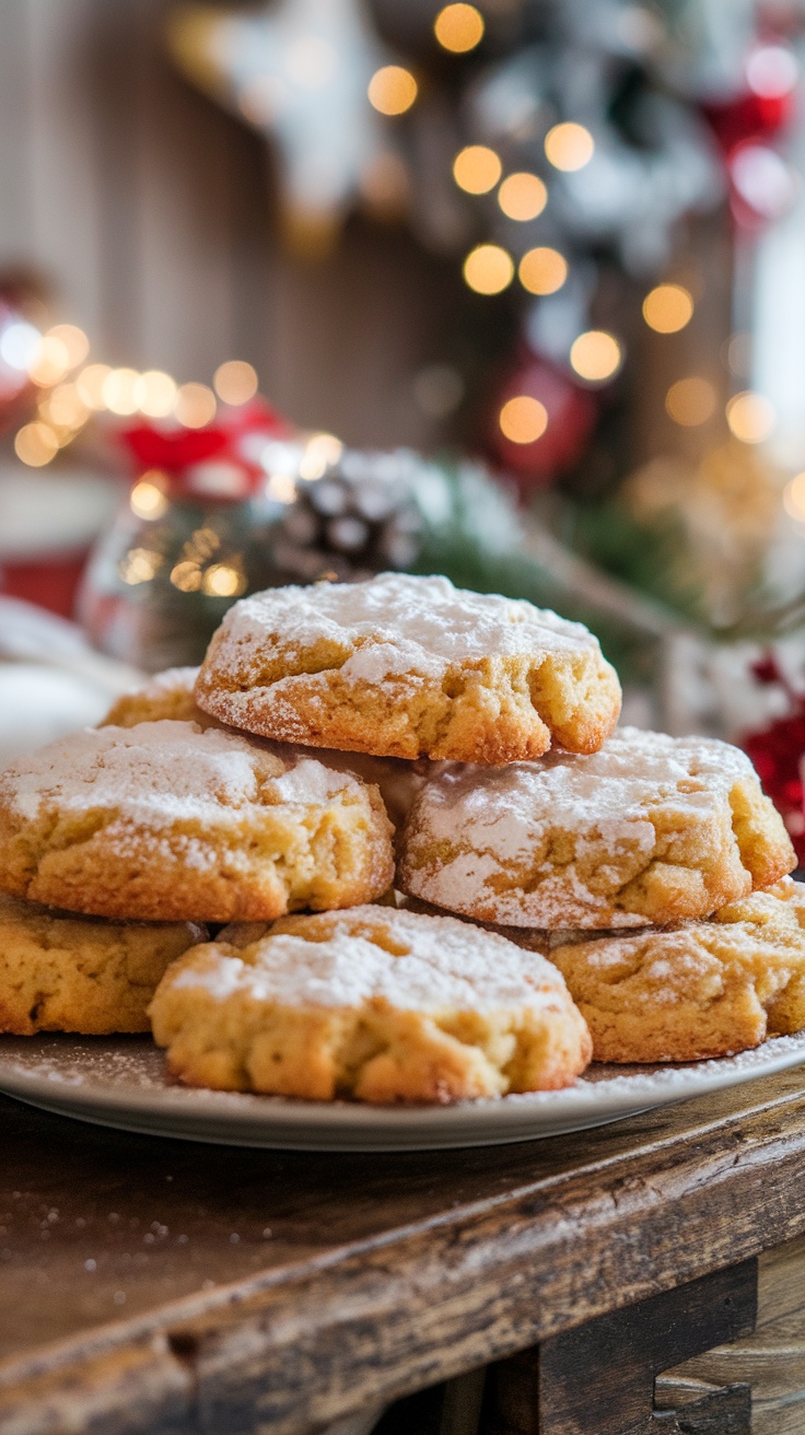 A platter filled with soft, chewy Gooey Butter Cookies sprinkled with powdered sugar.